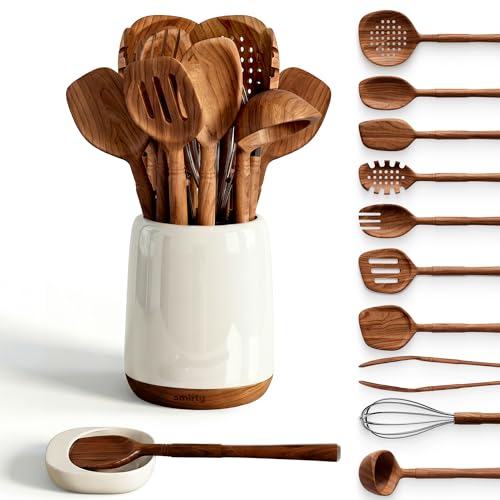 Walnut Wooden Utensil Set with Ceramic Holder & Spoon Rest (Walnut / 12 Piece Set with Holder)