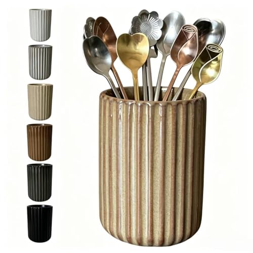 Stoneware Coffee Bar Utensil Holder Tea & Coffee Spoon & Stirrer Holder for Stir Stick Straw Teaspoon Holder Espresso Spoon Cup Small Utensil Jar Fluted Vertical Stripe (Rustic Brown)