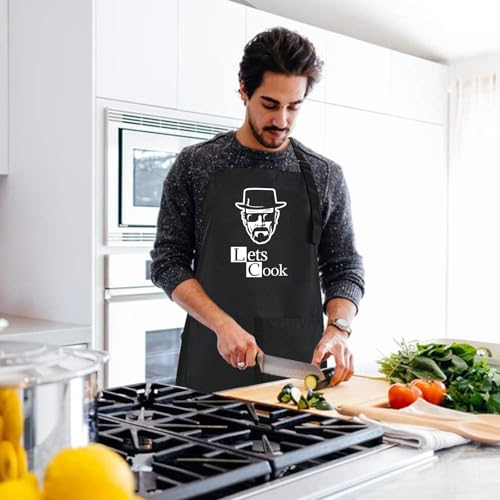 Funny Black Chef Aprons for Men Adjustable BBQ Kitchen Cooking Apron (Lets Cook)