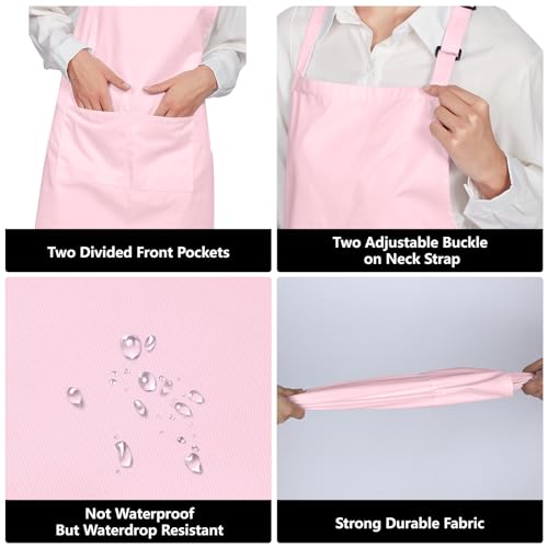 12 Pack 100% Cotton Aprons Bulk with 2 Pockets Cooking Chef Kitchen Adjustable Bib Apron for Women Men (Pink)