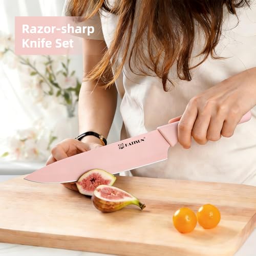 15 Piece Pink Nonstick German Steel Knife Set with Block (Pink / 15 Pieces)