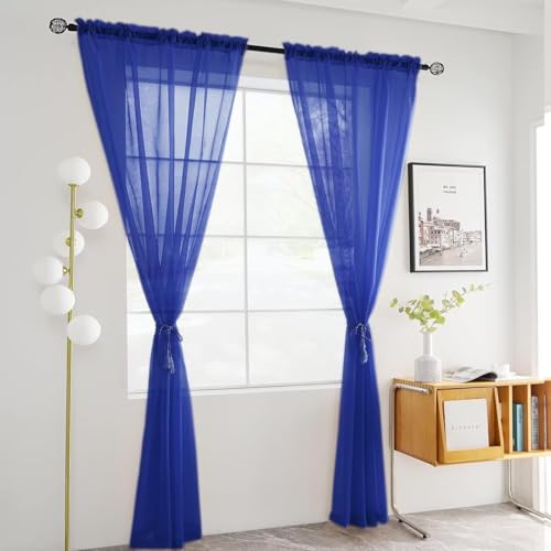 Solid Sheer Rod Pocket Curtain Voile Draperies 2 Panels White Beige Black Ivory Coffee 22 Inch Width 50 Inch Long 1 Pair for Kitchen Bedroom Children Living Room Yard (Blue Sapphire / 22"W x 50"L (Pack of 2))