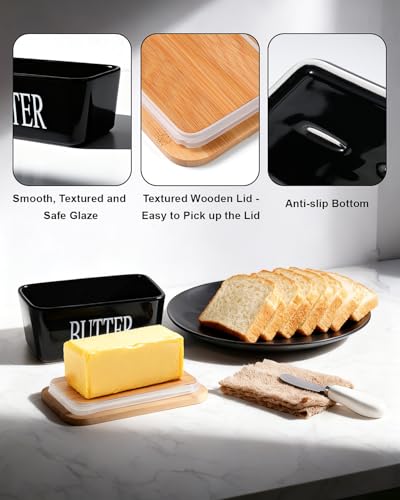 Butter Dish Ceramic with Lid and Knife for Countertop (Black)