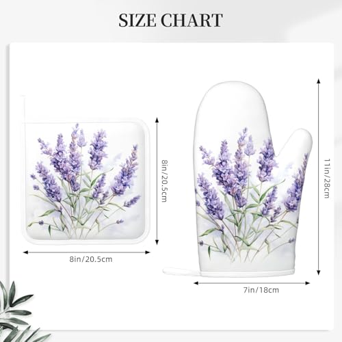 Oven Mitts and Pot Holders Lavender Watercolor Flower Floral Silicone Kitchen Accessories Set of 4 Heat Resistant Long Gloves Potholder Non (B01)