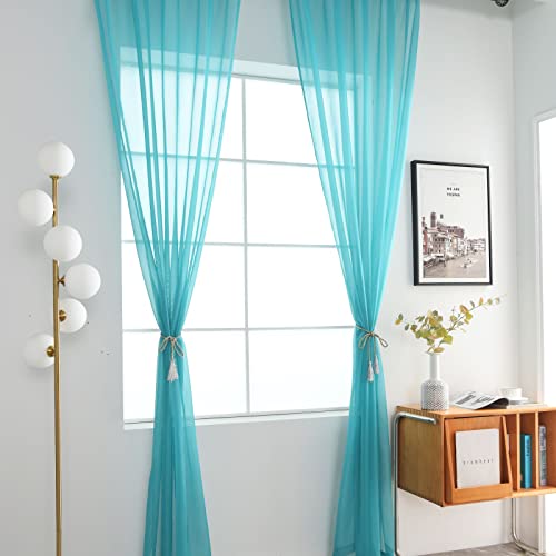 Sheer Voile Window Treatment Rod Pocket Curtain Panels for Kitchen Bedroom Living Room Drapes Sunlight Filtering Privacy Semi Home Decor Assorted Colors Sizes (Turquoise / 52"W x 54"L (Pack of 2))