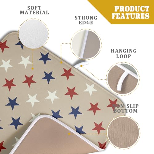 Patriotic July of 4th Blue Red White Star Dish Drying Mat for Kitchen Counter 16x18 Independence Day Absorbent Reversible Microfiber Drying Mats Kitchen Countertop Protector Dishes Drainer Rack Pad (16" x 18")
