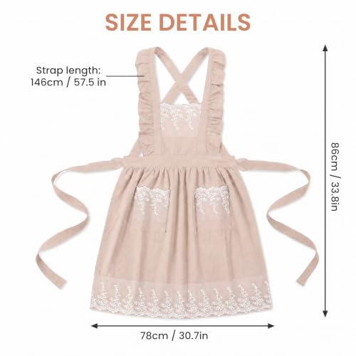 Vintage Aprons for Woman with Pockets Cute Lace Ruffle Adjustable Apron for Cooking Kitchen Baking Gardening (Beige)