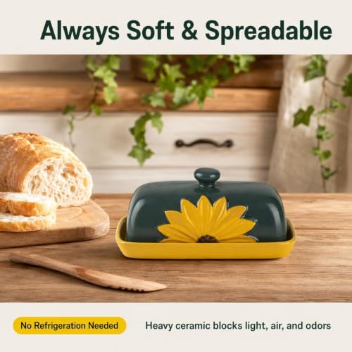 Ceramic Sunflower Covered Butter Dish With Lid Yellow Tray Green Lid Keeper