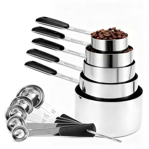 10 Pcs Stainless Steel Measuring Cups & Spoons Set (Black)