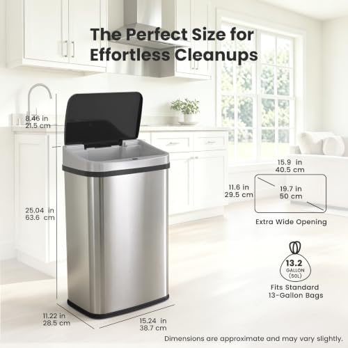DZT-50-28BR Automatic Touchless Motion Sensor Rectangular Trash Can, Black Top, 13 Gal. 49 L., Brush (Silver & Black)