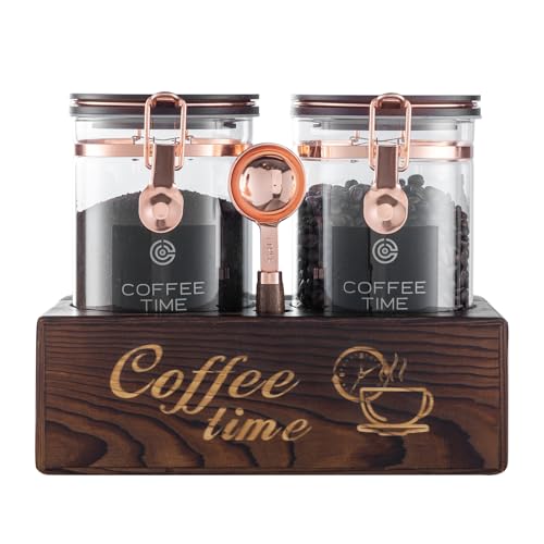 Glass Coffee Canister Set with Torched Wood Shelf (Fire-finished process)