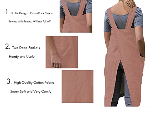 Women's Pinafore Square Apron Baking Cooking Gardening Works Cross Back Cotton (Large / Y-salmon Pink)