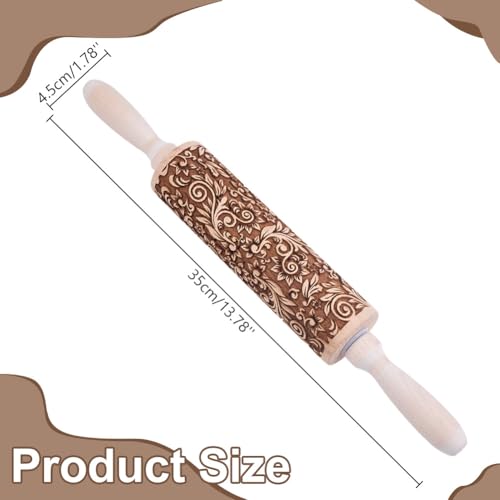 Embossed Wooden Rolling Pin Vine Print 35cm Rolling Pin for Baking Biscuits 3D Pattern DIY Kitchen Tool Baking Accessories Homemade Bakery Pastry Cookie Fondant Dough Pizza (Floral Pattern)