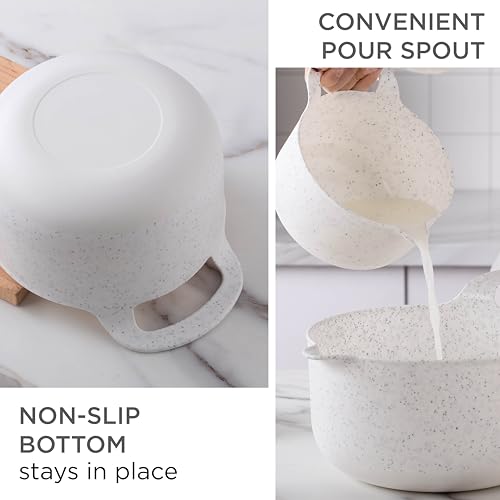 Nesting Plastic Mixing Bowl Set with Pour Spouts and Handles (Speckled White / 6 Piece Non-Slip)