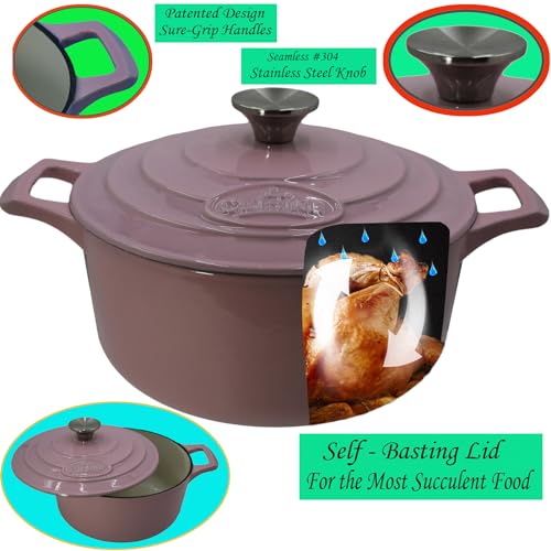 La Cuisine Enameled Cast Iron Dutch Oven Casserole Pot with Lid Internal Glossy Cream White Enamel Coating 3.75 QT 9.5" (3.7 QT Round / Pink)