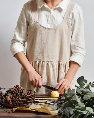 Cotton Cross Back Kitchen Cooking Aprons for Women with Pockets Cute for Baking Gardening Cleaning Without Waist Ties (Oatmeal-b)