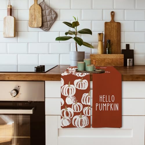 Fall Hello Pumpkin Rust Kitchen Towels and Dishcloths Sets of 2 (Rustic Pumpkin)