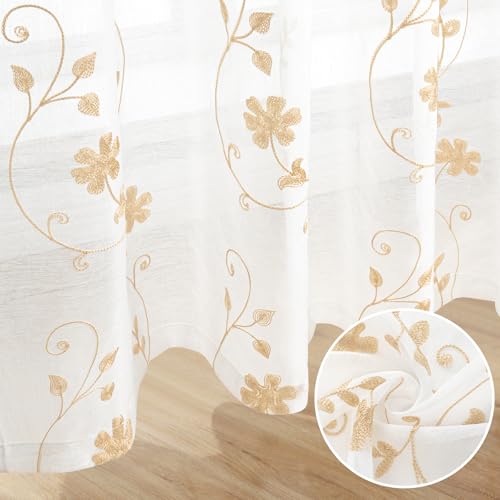 Yellow Sheer Curtains 84 Inches Long 2 Panels Yellow and White Embroidered Floral Pattern Semi Sheer Window Curtains for Bedroom Living Room (52"W x 84"L (Pack of 2) / White & Yellow)