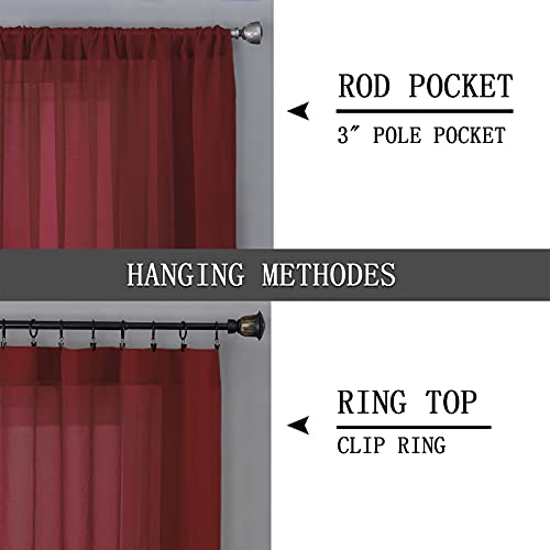Sheer Tier Curtains Kitchen Linen Textured Half Curtain Sheers Light Filtering Rod Pocket Voile Bathroom Short Curtains for Farmhouse (25"W x 30"L (Pack of 2) / Burgundy Red)