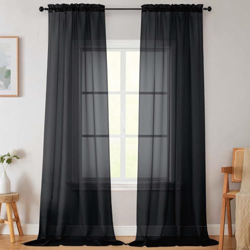 Extra Long Sheer Black Curtains for Bedroom Living Room 108 Inches Long 2 Panels Set (Black / 42"W x 108"L (Pack of 2))