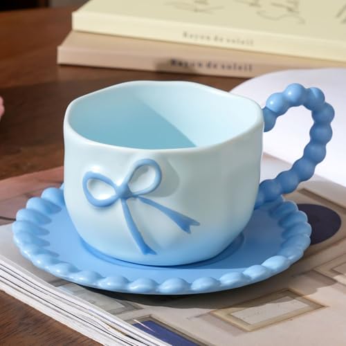 Bow Coffee Mug Blue Coquette Coffee Mugs Set with Saucer 12 OZ Porcelain Tea Cup Bow Cute Mug for Women Girl (#B Blue Bow Coffee Mug)