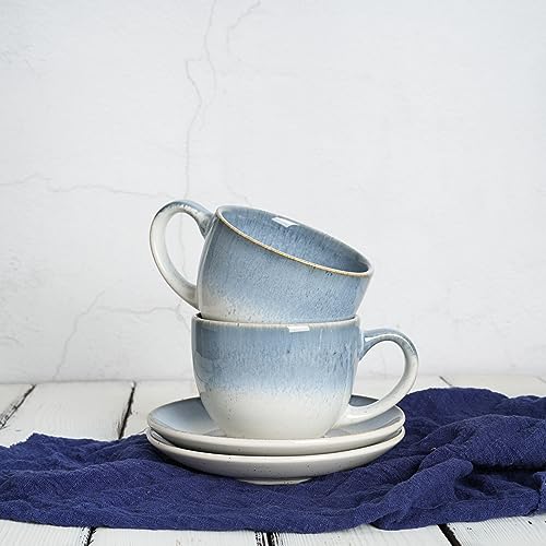 Ceramic Cappuccino Cup and Saucer Set of 2 (Blue White)