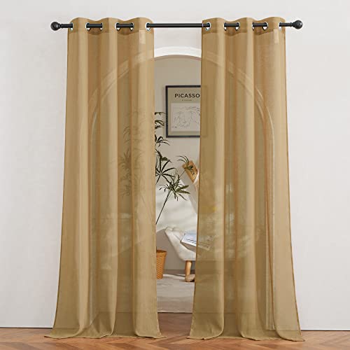 Sheer Linen Curtains Flax Texture 84 inch Length (36"W x 84"L (Pack of 2) / Camel)