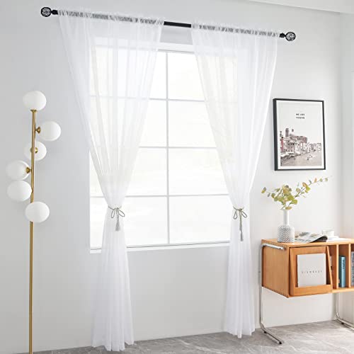 Solid Sheer Rod Pocket Curtain Voile Draperies 2 Panels White Beige Black Grey Coffee 38 Inch Width 63 Inch Long 1 Pair for Kitchen Bedroom Children Living Room Yard (White / 38"W x 63"L (Pack of 2))