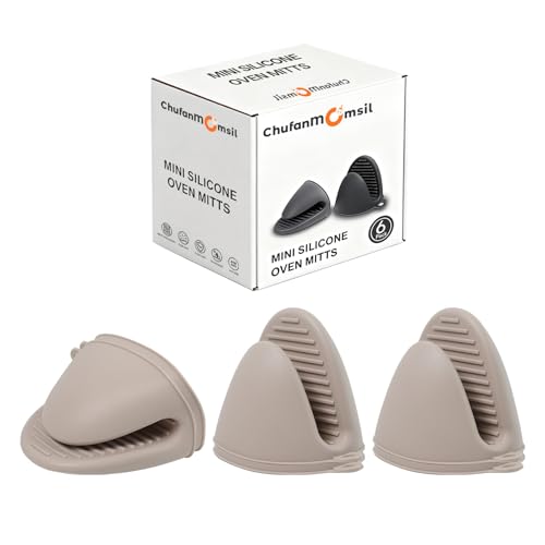 Silicone Oven Mitts Heat Resistant 3 Pair Mini Pot Pinch Grip (6 Pack / Khaki)