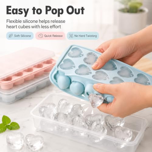 2 Pack Heart Shpaed Ice Cube Trays with Lids and Bins Ice Molds with Ice Storage Box