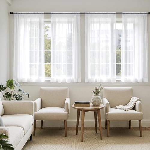 White Sheer Curtains 63 Inches Long 4 Panels 42 x 63 Inches (42"W x 63"L (Pack of 4) / White)