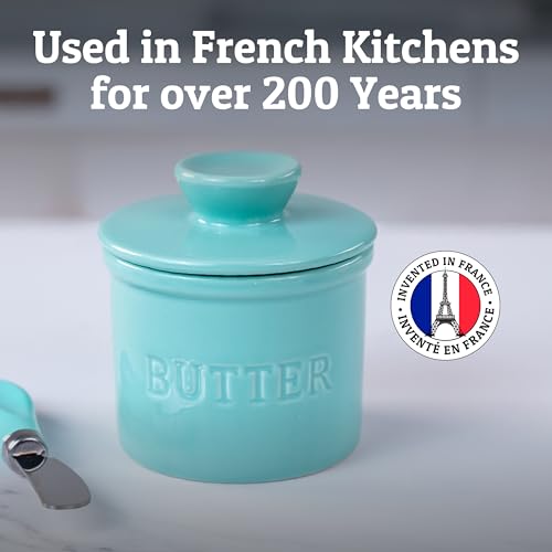 Butter Crock with Lid for Countertop with Spreader Knife and Water Line (Cool Green / Regular)