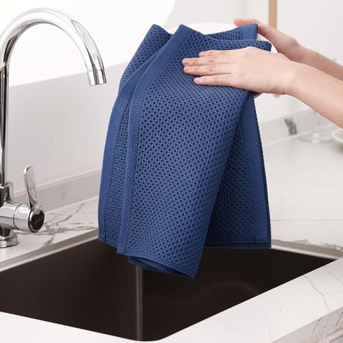 100% Cotton Oversized Waffle Weave Kitchen Towels 4 (Navy Blue / 20 X 28 - 4 Pack)