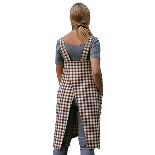 Women's Pinafore Square Apron Baking Cooking Gardening Works Cross Back Cotton (Small / Plaid-brown)