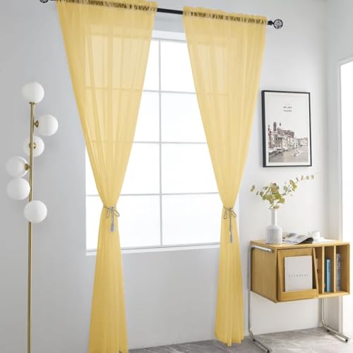 Basic Rod Pocket Sheer Voile Window Curtain Panels Gold 1 Pair 2 Panels 52 Width 54 Inch Long for Kitchen Bedroom Children Living Room Yard（Gold (Gold / 52"W x 54"L (Pack of 2))