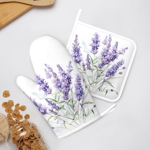 Oven Mitts and Pot Holders Lavender Watercolor Flower Floral Silicone Kitchen Accessories Set of 4 Heat Resistant Long Gloves Potholder Non (B01)