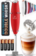 Powerful Milk Frother Wand With Duracell Batteries (Scarlet Red / Double Whisk + Batteries)