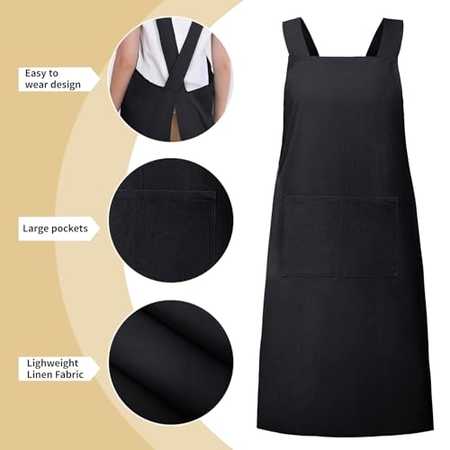 Japanese Apron with Pockets Cross Back Aprons for Women Men Chef Kitchen Cooking Baking Pinafore Cotton Linen Black 1 Pack (Black)