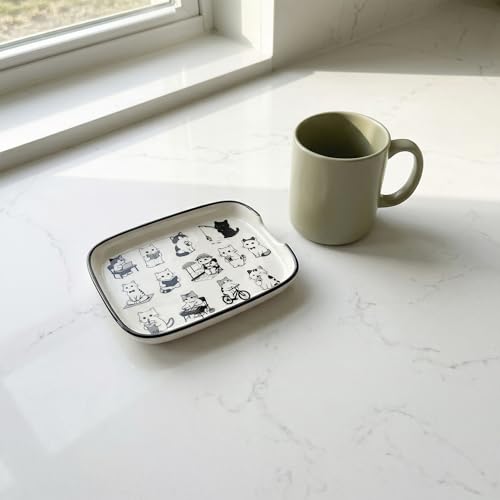 Ceramic Spoon Rest with Black White Cartoon Cat Print (Outdoor cats)