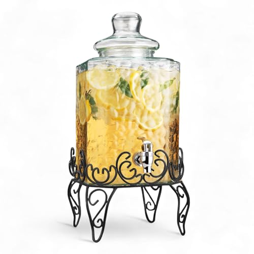 2.5 Gallon Classic Hammered Glass Beverage Dispenser with Elegant Stand (Clear-2.5-Gallon)