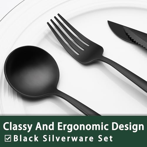 24 Piece Black Silverware Set with Steak Knives (Long Edge)