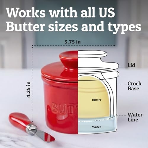 Butter Crock with Lid for Countertop with Spreader Knife and Water Line (Red / Regular)