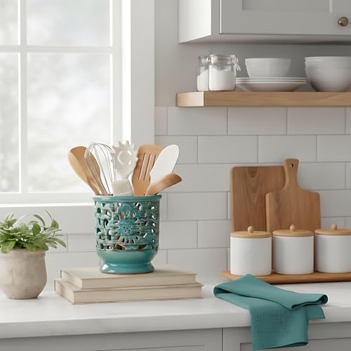 Farmhouse Kitchen Utensil Holder for Countertop (Antique Blue)