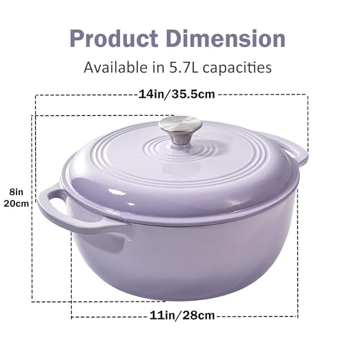 6 Quart Enameled Cast Iron Dutch Oven Pot with Lid Heavy Duty Dutch Oven for Bread Baking Braising Stews Roasting Oven Safe up to 500°F Dual Handles Purple (Purple)