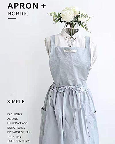 Cotton and linen Kitchen Cooking Aprons Dress for Women with Pockets Cute for Baking Painting Gardening Cleaning (Light Blue)