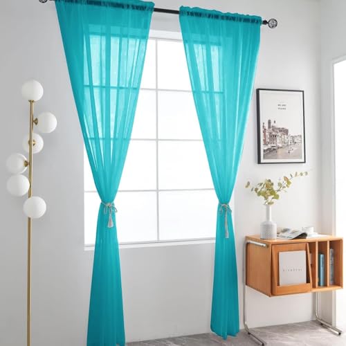 Sheer Voile Window Treatment Rod Pocket Curtain Panels for Kitchen Bedroom Living Room Drapes Sunlight Filtering Privacy Semi Home Decor Assorted (Peacock Blue / 52"W x 84"L (Pack of 2))