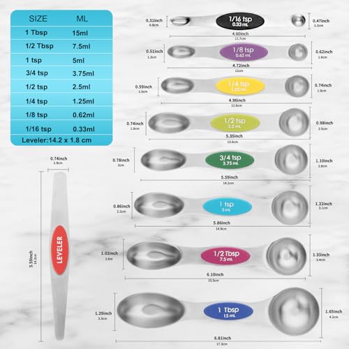 Magnetic Measuring Spoons Set of 9 with Leveler (Multicolor)
