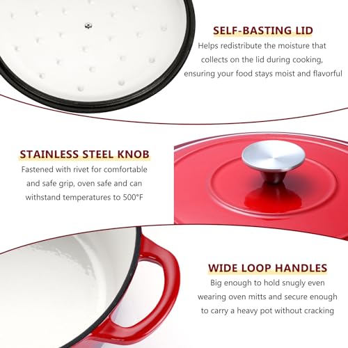Enameled Cast Iron Dutch Oven with Lid (6 QT-Round / Red)