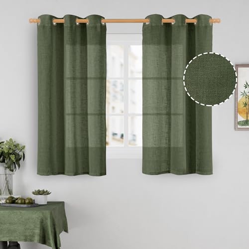 Olive Green Semi Sheer Linen Curtains 48 Inch Length for Kitchen (34"W x 48"L (Pack of 2) / Olive Green)