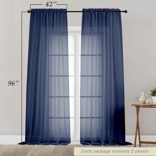 Navy Blue Sheer Curtains for Bedroom Living Room 96 Inches Long 2 Panels (Navy Blue / 42"W x 96"L (Pack of 2))